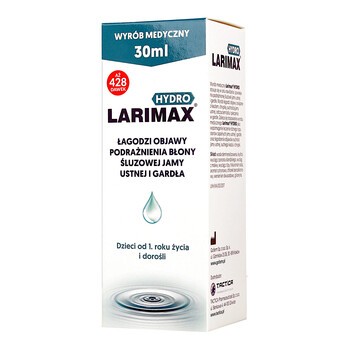 Larimax Hydro, spray, łagodzi objawy podrażnienia błony śluzowej jamy ustnej i gardła, 30 ml