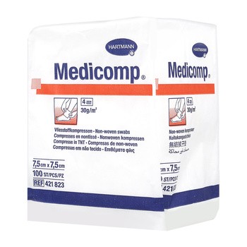Kompresy włókniste niejałowe Medicomp, 4 warstwowe, 7,5 cm x 7,5 cm, 100 szt.