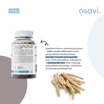 Osavi Ashwagandha, 375 mg, żelki o smaku wiśniowym, 90 szt.