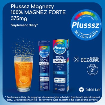 Plusssz 100% Magnez Forte + B-complex, tabletki musujące, smak pomarańcza - grejpfrut, 20 szt.