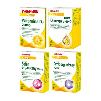 Zestaw Cynk, 15 mg, tabletki, 100 szt. + Omega 3-6-9, kapsułki, 60 szt. + Selen 100 µg, tabletki, 100 szt. + Walmark Plus Witamina D3 2000, kapsułki miękkie, 60 szt.