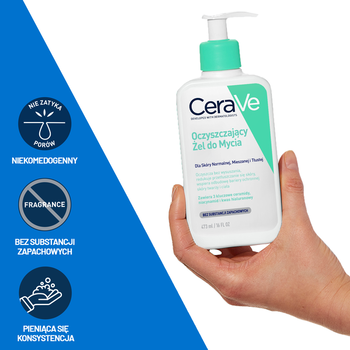 Zestaw CeraVe, oczyszczający żel do mycia z ceramidami dla skóry normalnej i tłustej, 473 ml + nawilżający krem do twarzy z ceramidami, 52 ml