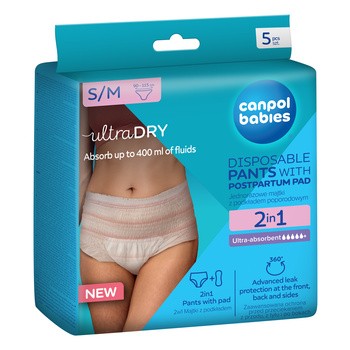 Canpol Babies, oddychające i ultrachłonne jednorazowe majtki 2w1 z podkładem poporodowym S/M, 5 szt.