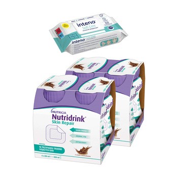 Zestaw 2x Nutridrink Skin Repair, smak czekoladowy, 4 x 200 ml + INTENO Soft Care, chusteczki pielęgnacyjne, 70 szt.