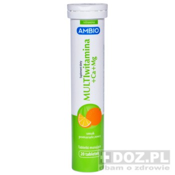 Ambio Multiwitamina+Ca+Mg, tabletki musujące, smak pomarańczowy, 20 szt.