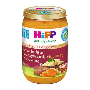 HiPP BIO od pokoleń, Kasza bulgur z warzywami, cieciorką i wołowiną, po 11. m-cu, 220 g