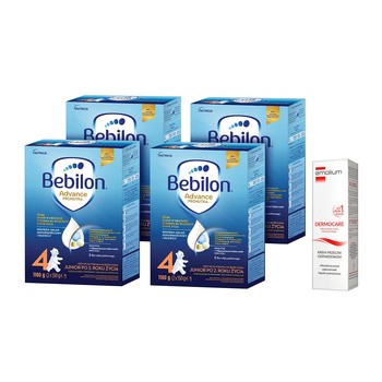 Zestaw 4x Bebilon 4 Pronutra-Advance, mleko modyfikowane w proszku, 1100 g + Emolium krem przeciw odparzeniom 75, ml