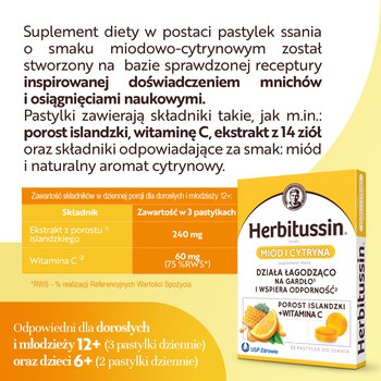 Herbitussin smak Miód i Cytryna, pastylki do ssania, 12 szt.