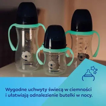 Canpol Babies Easy Start, Sleepy Koala, butelka szeroka antykolkowa ze świecącymi uchwytami, różowa, 240 ml, 1 szt.