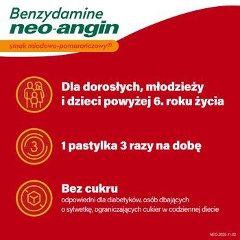 Benzydamine neo-angin smak miodowo-pomarańczowy, 3 mg, pastylki, 20 szt.