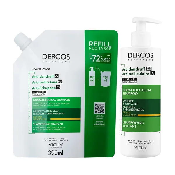 Шампунь против перхоти Vichy Dercos DS для сухих волос, 2 × 390 мл со сменной упаковкой