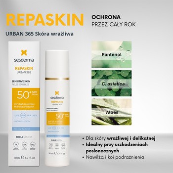 Sesderma Repaskin Urban 365, krem przeciwsłoneczny do skóry wrażliwej, SPF 50+, 50 ml