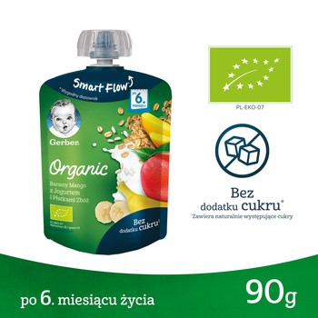 Gerber Organic, mus banan mango jogurt płatki zbóż, 6 m+, 90 g