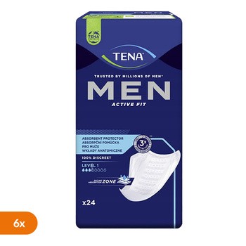 Zestaw 6 x TENA Men Active Fit, wkładki anatomiczne dla mężczyzn, level 1, 24 szt.