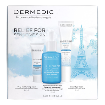 Zestaw Dermedic Hydrain 3, serum nawadniające, 30 ml + krem pod oczy, 15 ml + krem dogłębnie nawilżający na dzień, 2,5 ml