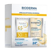 Zestaw Bioderma, Photoderm Pediatrics, ochronny spray dla dzieci SPF 50+, 200 ml + Atoderm Huile de douche, olejek do kąpieli i pod prysznic do ciała i twarzy, 200 ml