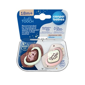 Canpol Babies, smoczek silikonowy symetryczny, light touch, Sleepy Koala, pink, 18 m+, 2 szt.