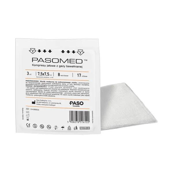 Kompresy gazowe jałowe 17-nitkowe 8-warstwowe 7,5x7,5cm 3szt [Pasomed]