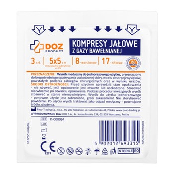 DOZ PRODUCT, kompresy jałowe z gazy bawełnianej, 17 nitkowej, 8 warstwowej, 5 cm x 5 cm, 3 szt.
