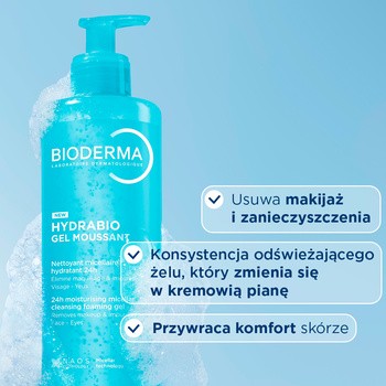Bioderma Hydrabio Gel Moussant, nawilżający żel do mycia twarzy 3 w 1, 400 ml