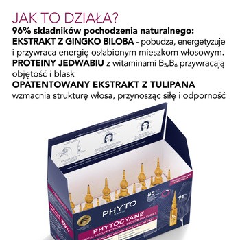 Zestaw Phytocyane, szampon uzupełniający kurację przeciw wypadaniu włosów dla kobiet, 250 ml + kuracja przeciw wypadaniu włosów dla kobiet, 12 ampułek