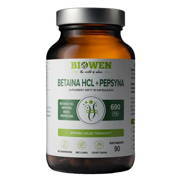 Бетаин HCl Biowen Betaina HCL Complex+, с пепсином и мятой перечной, 90 капсул
