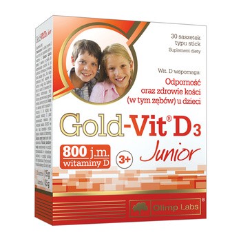 Olimp Gold-Vit D3 Junior, proszek w saszetkach, o smaku malinowym, 30 szt.