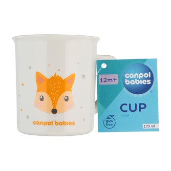 Canpol Babies, kubek plastikowy z uchem dla dziecka Cute Animals, 170 ml, pomarańczowy, 1 szt.