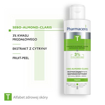 Pharmaceris T Sebo-Almond-Claris, oczyszczający płyn bakteriostatyczny, 3% kwasu migdałowego, 190 ml