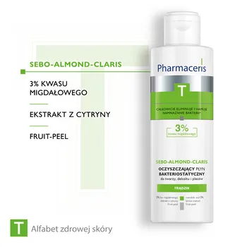Pharmaceris T Sebo-Almond-Claris, oczyszczający płyn bakteriostatyczny, 3% kwasu migdałowego, 190 ml