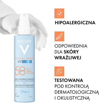 Vichy Capital Soleil UV-Aqua, spray ochronny SPF50 do twarzy i ciała, 200 ml