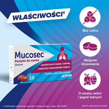 Mucosec, pastylki do ssania na suchy kaszel, wiśnia i owoce leśne, 16 szt.