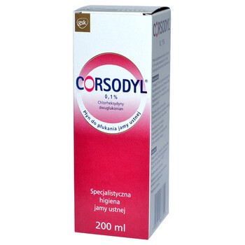 Corsodyl 0.1%, płyn do płukania jamy ustnej, 200 ml