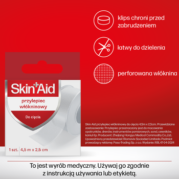 Skin Aid, przylepiec włókninowy do cięcia, 2,5 cm x 4,5 m, 1 szt.