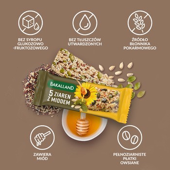 Bakalland, 5 ziaren z miodem, baton zbożowy, 40 g