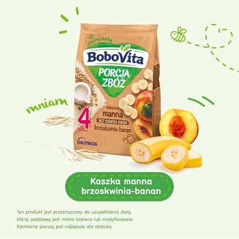 BoboVita Porcja Zbóż, kaszka mleczna, bananowo-brzoskwiniowa, manna, 4m+, 210 g