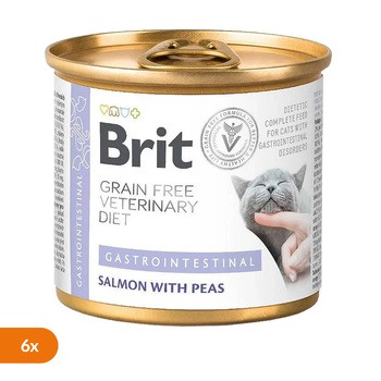Zestaw 6x Brit Grain Free Veterinary Diet Cat Gastrointestinal, mokra karma dla kotów z problemami gastroenterologicznymi, łosoś i zielony groszek, 200 g