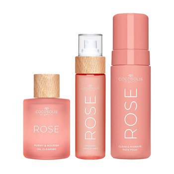 Zestaw Cocosolis Rose, różany olejek do oczyszczania twarzy, 50 ml + różana pianka do oczyszczania twarzy, 150 ml + łagodzący toner do twarzy z różą damasceńską, kaktusem i kokosem, 100 ml