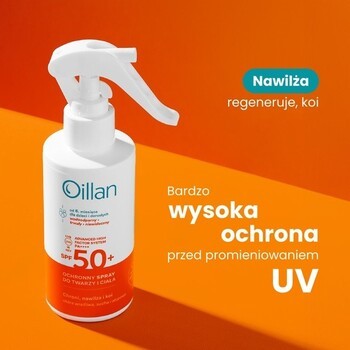 Zestaw Oillan, ochronny spray przeciwsłoneczny do twarzy i ciała SPF50 do skóry wrażliwej, 125 ml + żel do mycia ciała i włosów 3 w 1, 100 ml