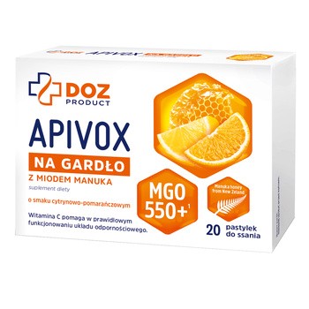 DOZ Product Apivox na gardło z miodem manuka, pastylki do ssania, 20 szt.