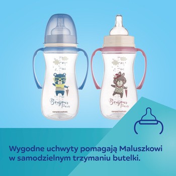 Canpol Babies Easy Start, butelka antykolkowa z uchwytami Bonjour Paris, różowa, 300 ml, 1 szt.