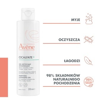 Avene Eau Thermale, Cicalfate+, oczyszczający żel do mycia, 200 ml