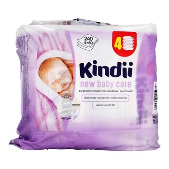 Cleanic Kindii, New Baby Care, chusteczki nawilżane od pierwszych dni życia, 60 szt. x 4 opakowania