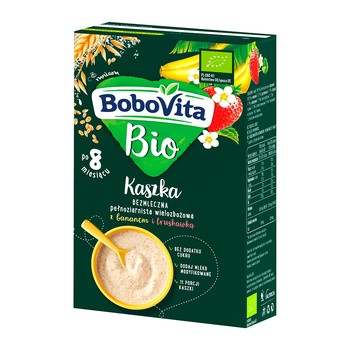 BoboVita Bio, kaszka bezmleczna pełnoziarnista wielozbożowa z bananem i truskawką, 200 g