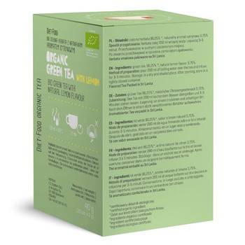 Diet-food, BIO Green Tea with Lemon, zielona herbata z naturalnym aromatem cytrynowym, 20 x 2 g