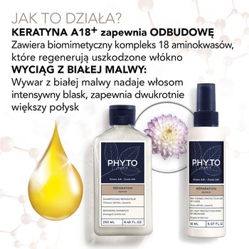 Zestaw Phyto Repair, termoochronny spray do włosów, 150 ml + odbudowujący szampon z keratyną, 250 ml