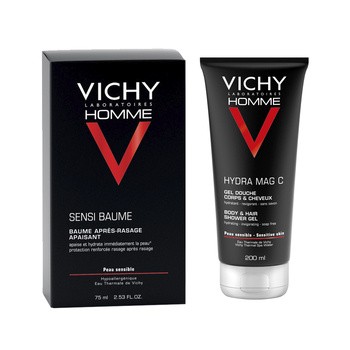 Zestaw Promocyjny Vichy Homme, kojący balsam po goleniu Sensi Baume, 75 ml + żel pod prysznic do ciała i włosów Hydra Mag C, 200 ml + kosmetyczka GRATIS