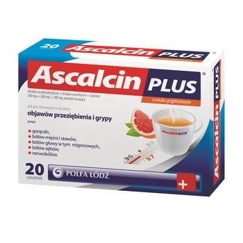Ascalcin Plus, o smaku grejpfrutowym, proszek musujący, 20 saszetek