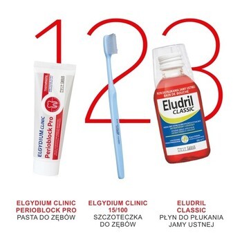 Zestaw Eludril Classic, płyn do płukania jamy ustnej, 500 ml + Elgydium Clinic Perioblock Pro, pasta do zębów, 50 ml