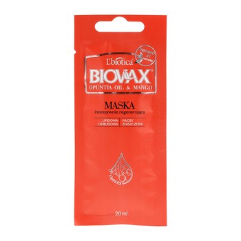 Biovax Opuntia Oil & Mango, intensywnie regenerująca maseczka do włosów zniszczonych, 20 ml